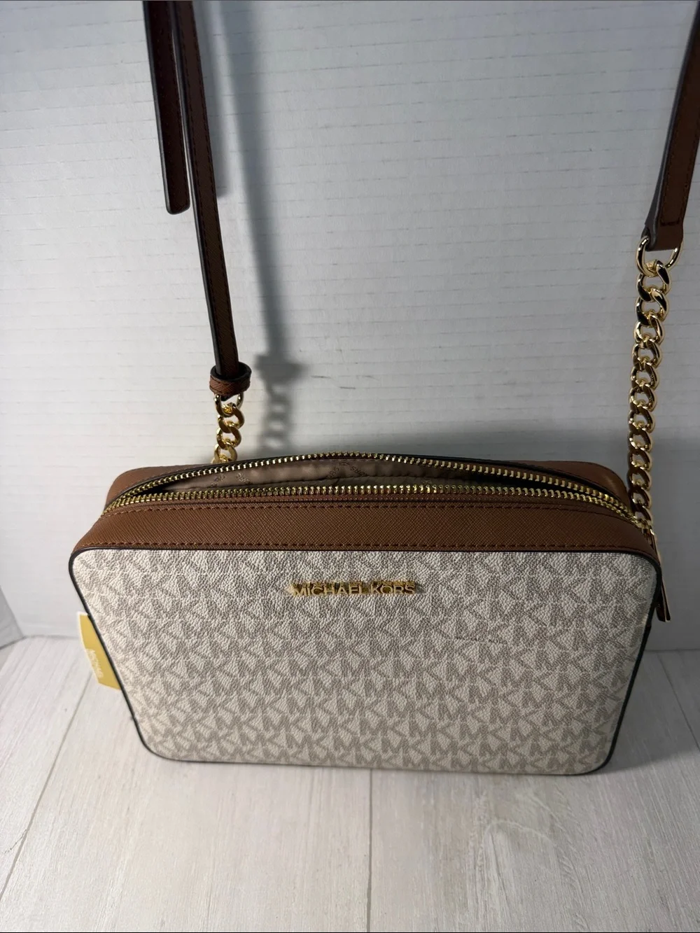 Michael Kors Beige Logo Crossbody with Tan Leather & Gold Chain - Picture 7 of 12